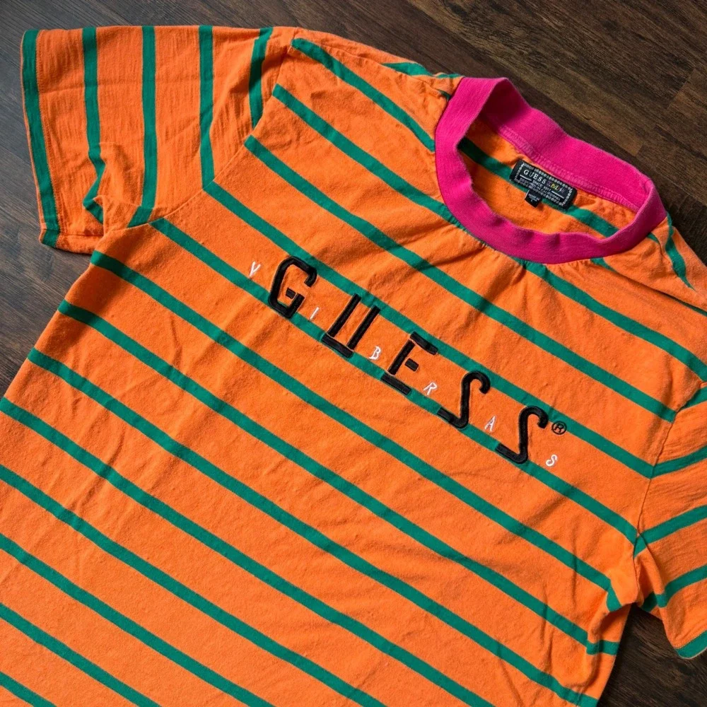 J. Balvin Vibras GUESS Orange Green Stripe T Shirt Men's L Retro 2019 Reggaeton - Picture 1 of 11